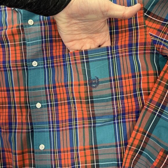 Chaps Shirt Mens XXL 2XL Orange Green Plaid Button Down Easy Care Pocket Preppy - Picture 5 of 10